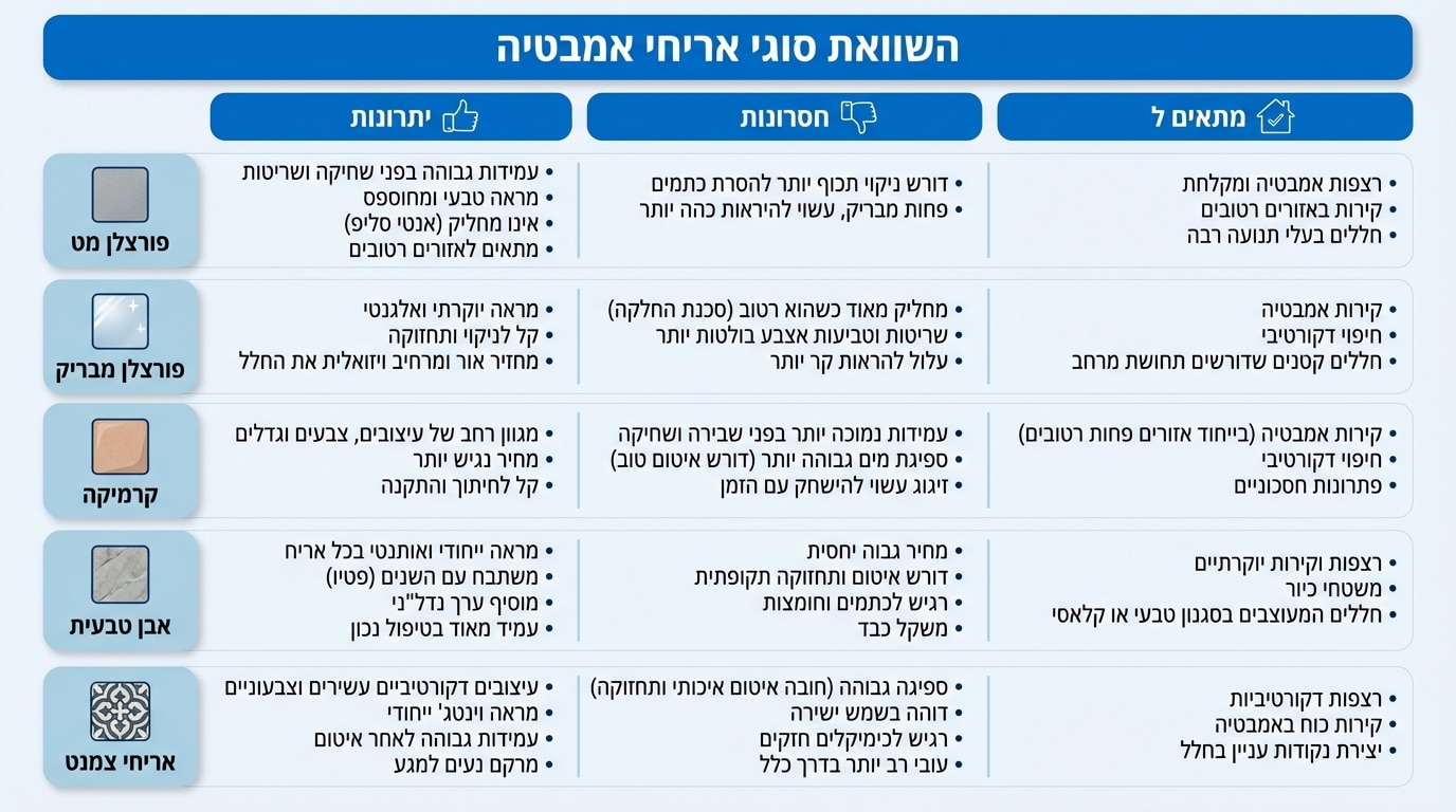 בחירת אריחים לחדר אמבטיה - השוואה בין סוגי אריחים שונים