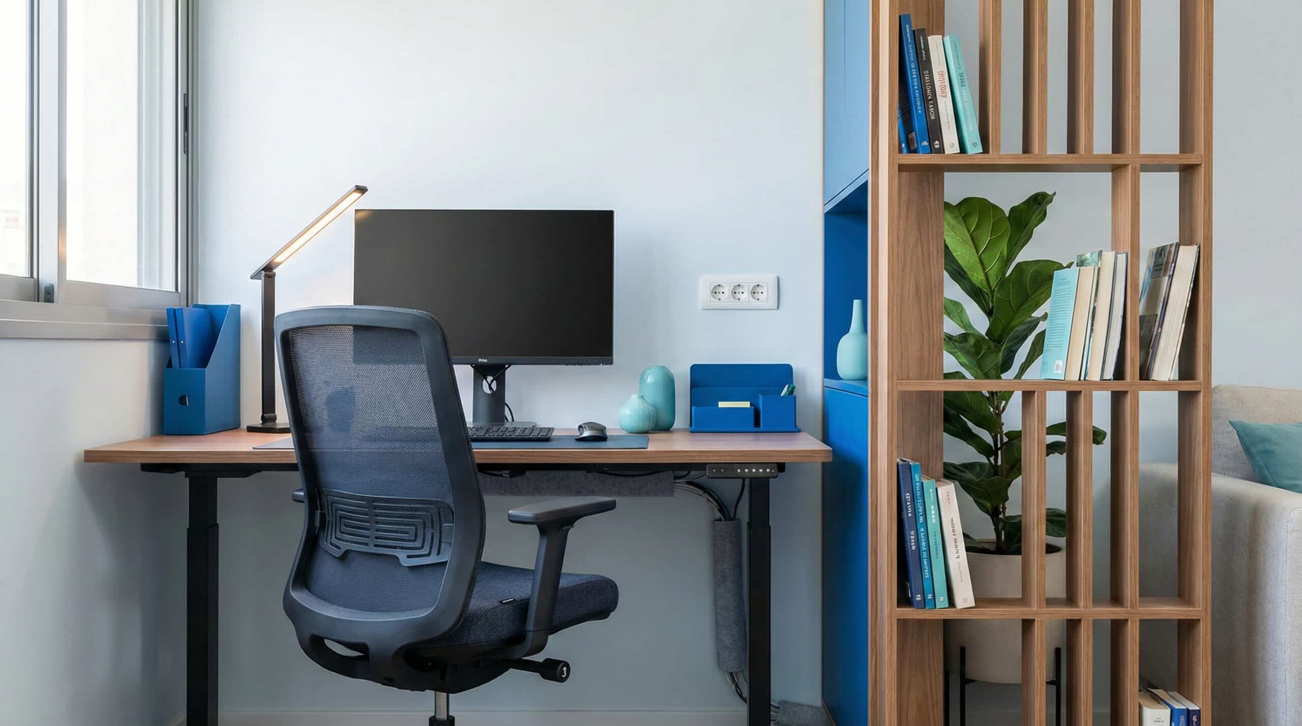 חדר עבודה ביתי מעוצב עם תאורה נכונה וכיסא ארגונומי
