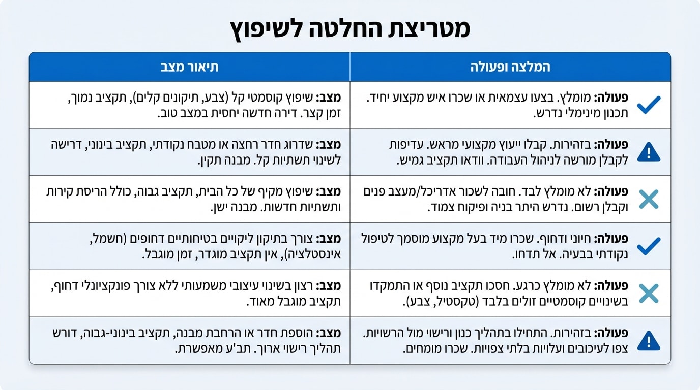 טבלת סיכום החלטה לשיפוץ דירה לפני מכירה