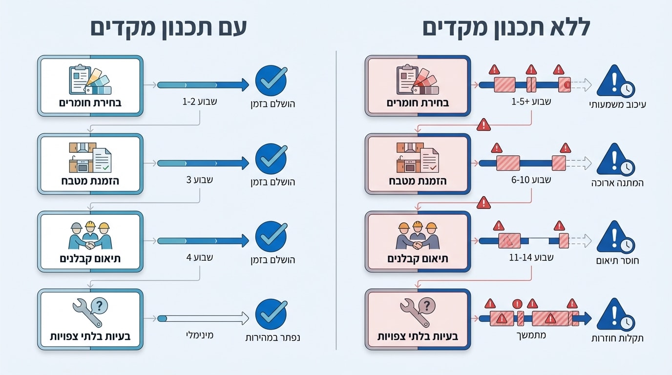 לוח זמנים לשיפוץ דירה - השוואה בין תכנון מקדים לבין שיפוץ ללא תכנון