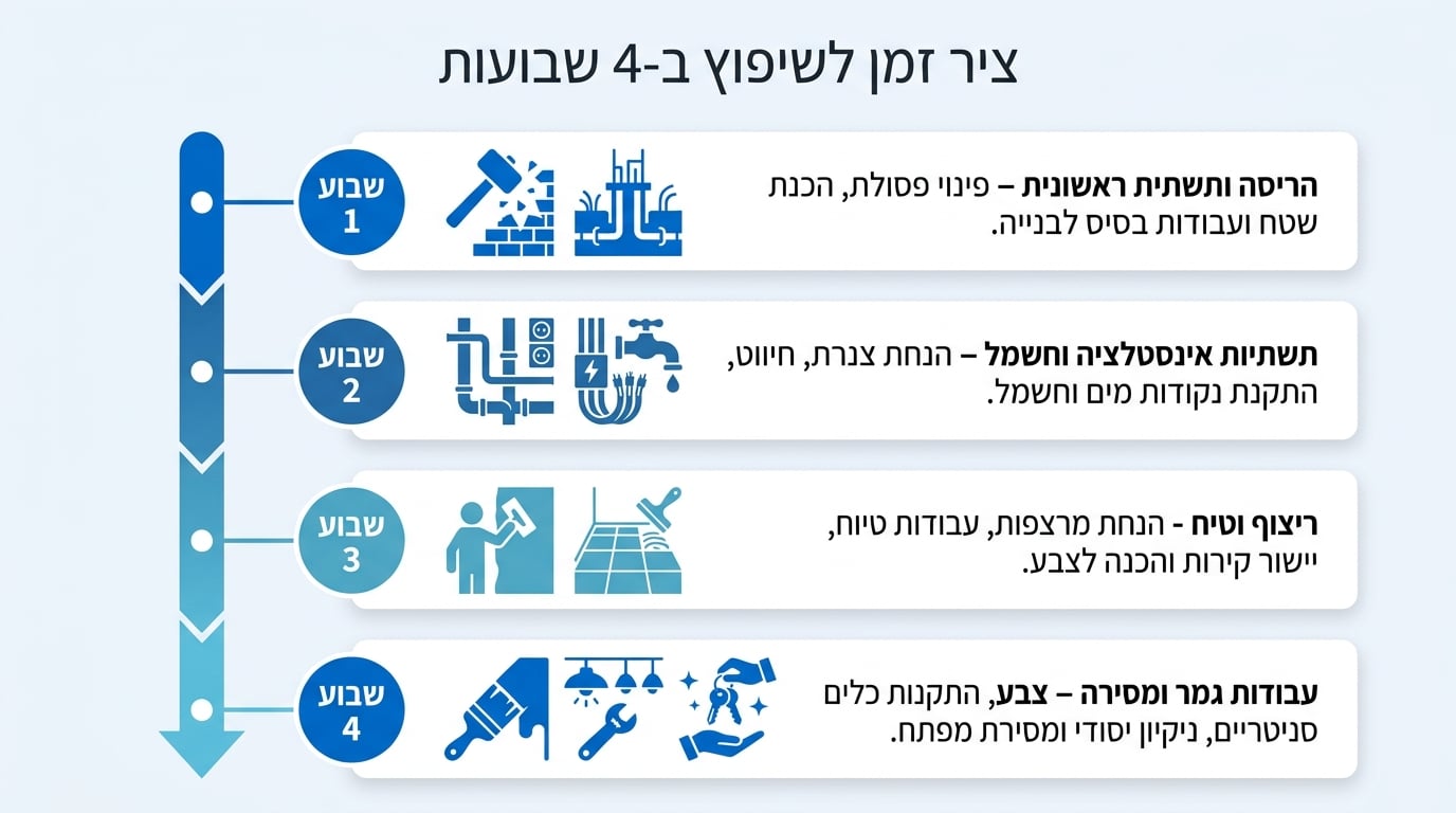 שלבי שיפוץ דירה בגוש דן - לוח זמנים שבועי