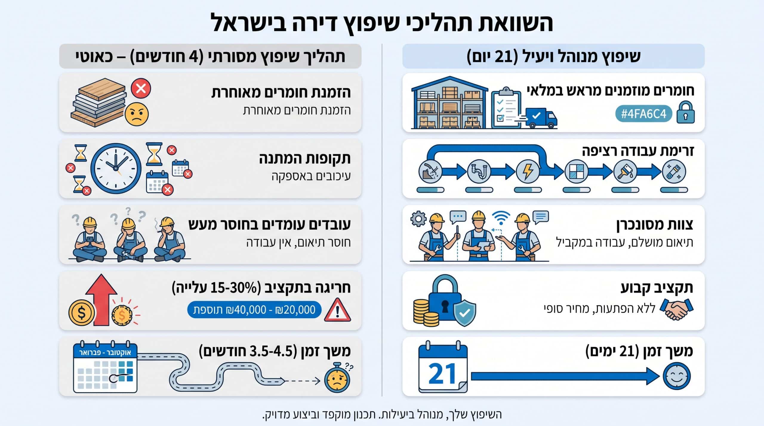 השוואת לוחות זמנים לשיפוץ דירה - 21 ימי עבודה מול ארבעה חודשים