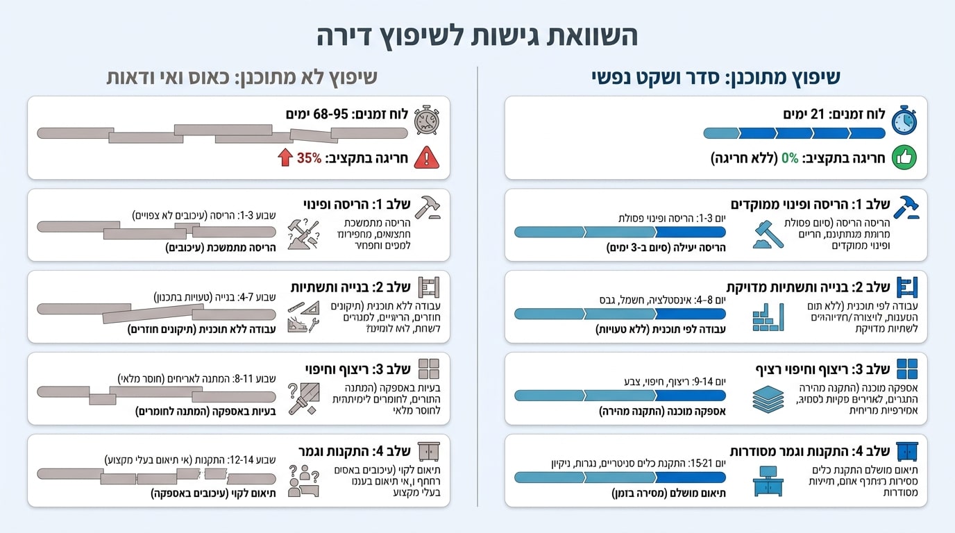 שיפוץ דירה מנוהל מול שיפוץ מאולתר - השוואת לוחות זמנים ותקציב