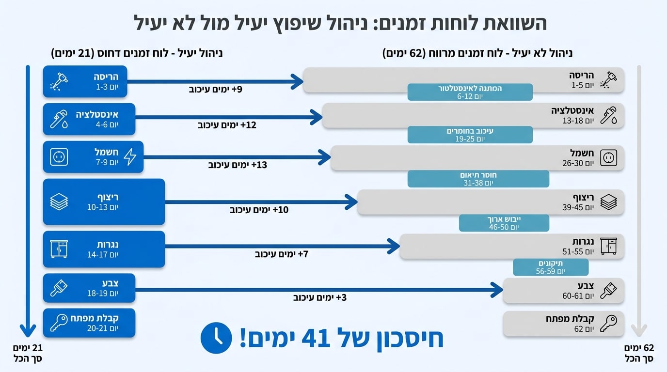 השוואת לוחות זמנים בשיפוץ דירת 100 מר - 21 מול 62 ימי עבודה