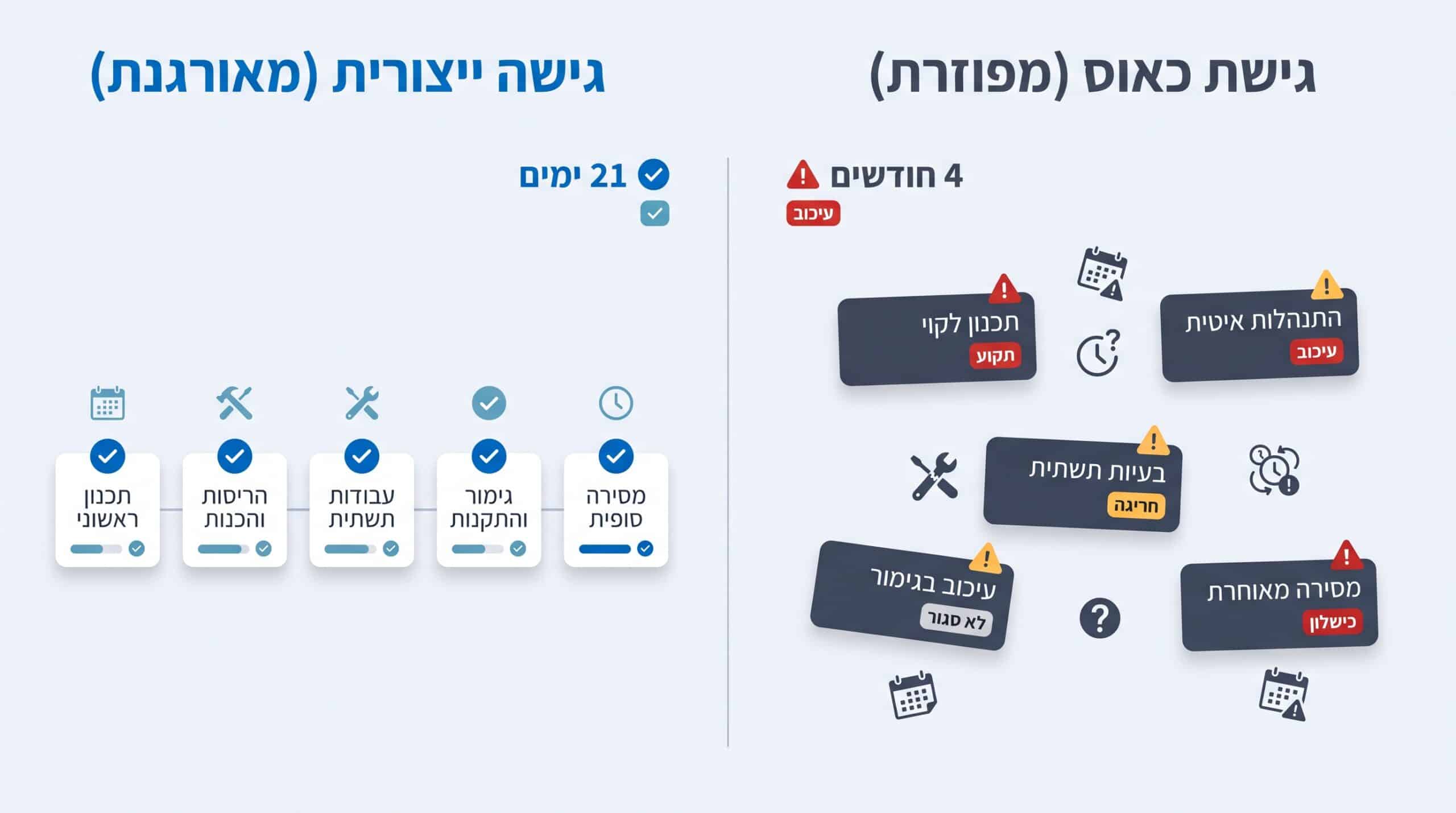 השוואה בין שיפוץ מנוהל כהפקה לשיפוץ שנגרר - לוח זמנים ועלויות